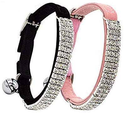 Chukchi Soft Velvet Safe Cat Adjustable Collar Bling Diamante With Bells,2 Pcs Black+Pink