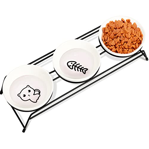 3 Cat Food Bowls Ceramic 13 oz Upgraded with Stainless Steel Stand Non-Slip and Anti-Rust Elevated Raised Cat Bowls for Food and