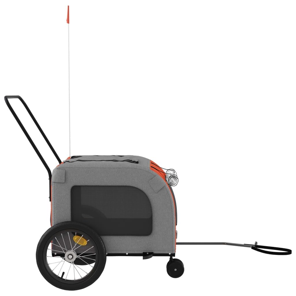 vidaXL Pet Bike Trailer - Orange/Gray, Oxford Fabric & Iron Frame, Maximum Load 99.2 lb, Safe Travel Reflectors & Flag, Mesh Windows, Zipper Access