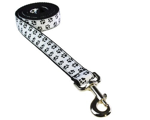Large Black/Wht. Puppy Paws Dog Leash: 1 Wide, 6ft Length - Made in USA.