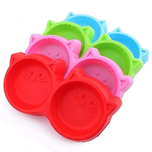 Woofy 2In1 Pet Feeding Plastic Cat Face Double Bowl  Non Toxic Food & Water Feeder Bowl For Dogs And Cats (Color May Vary)  