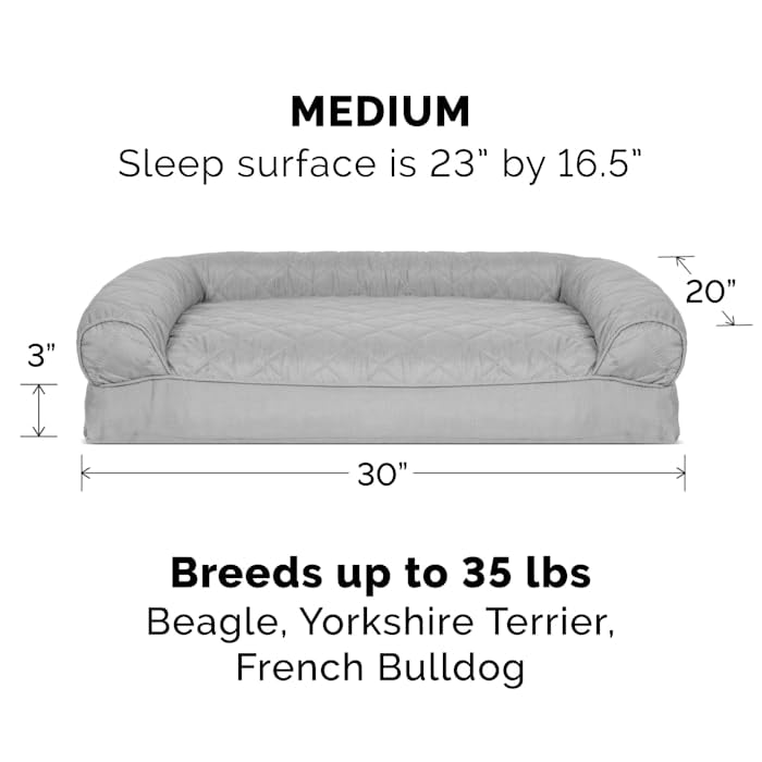 Furhaven Pillow Dog Bed For Medium/Small Dogs W/ Removable Bolsters & Washable Cover - Quilted Sofa - Silver Gray, Medium