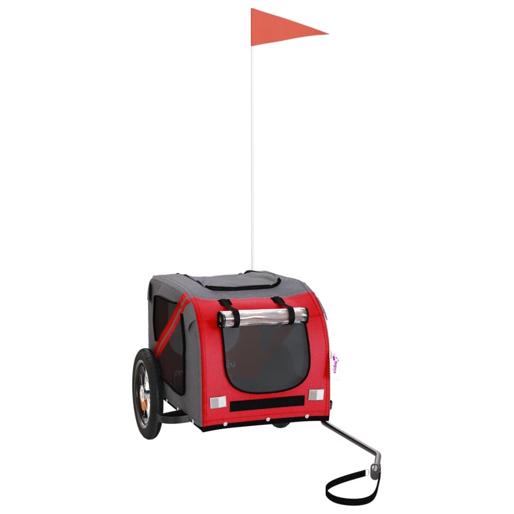 vidaXL Pet Bike Trailer for Small Dogs, Red/Grey - Oxford Fabric Cargo Carrier with Iron Frame, PVC Cover, Air Vents, Reflectors, & Safety Flag, 48.8x20.9x20.9 in