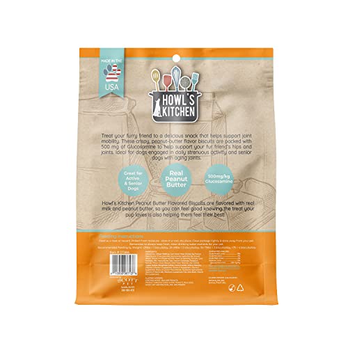 Howls Kitchen Biscuits, 12 oz Bag, 1 Count, Peanut Butter Flavor, Hip and Joint Formula, Rawhide Free, Soft and Chewy Dog Treat