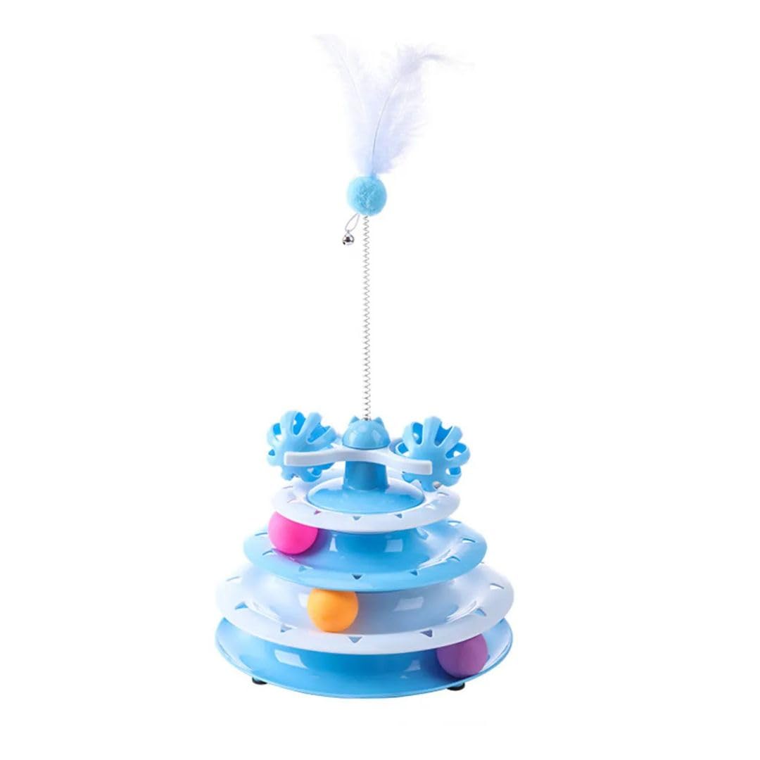 Pet Fun Interactive Tower Of Tracks Feather Toy For Cats | 3 Layer Puzzle With 2 Colorful Balls | Turntable Interactive Kitten F