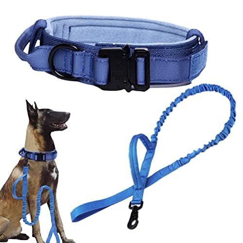 Tactical Dog Collar And Leash Set Tactical Dog Collar With Handle Bungee Leash Adjustable Military Training Nylon Collar Dog Training Collar Leash Set With Control Handleand (Dark Blue Xxl