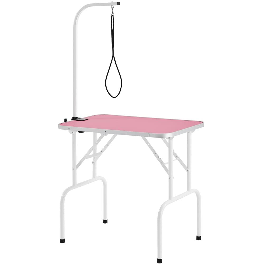 Yaheetech 32-Inch Foldable Pet Dog Grooming Table W/Adjustable Height Arm - Drying Table For Home W/Noose For Small Dogs Cats, Maximum Capacity Up To 220Lbs, Pink