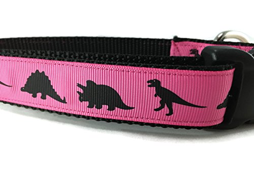 Dinosaur Dog Collar, Caninedesign, Green, T-Rex, Stegosaurus, Triceratops, 1 Inch Wide, Adjustable, Nylon, Medium And Large (Pink Medium 13-19')