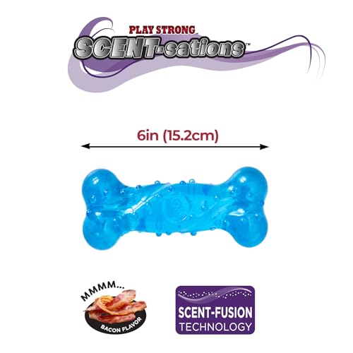Spot Play Strong Scent-Sations Bone - Scent-Infused, Strong, Durable Tpr Rubber, Heavy Duty Dog Toys For Aggressive Chewers Up To 45Lbs, Perfect For Puppies & Medium Breeds, 6In, Bacon Flavored