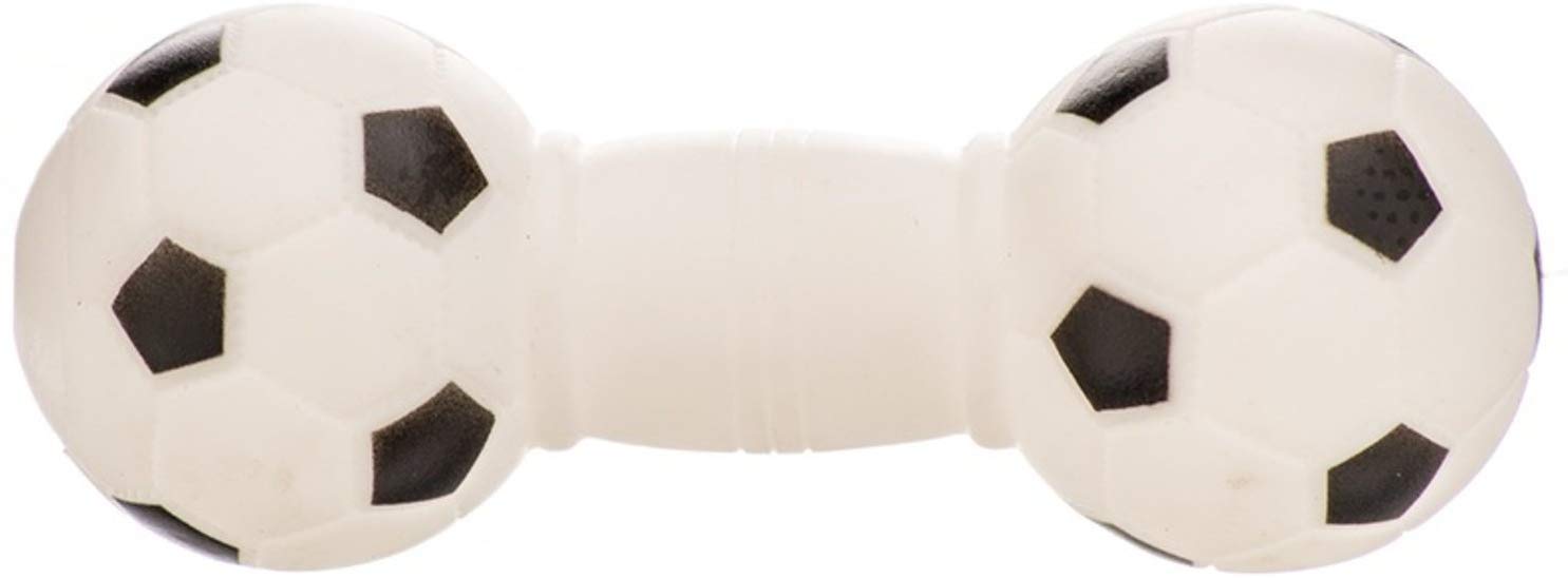 Psk Pet Mart Natural Rubber Football Print Dumbbell Squeaky Fun Toy For Puppy Rubber Squeaky Toy For Dog