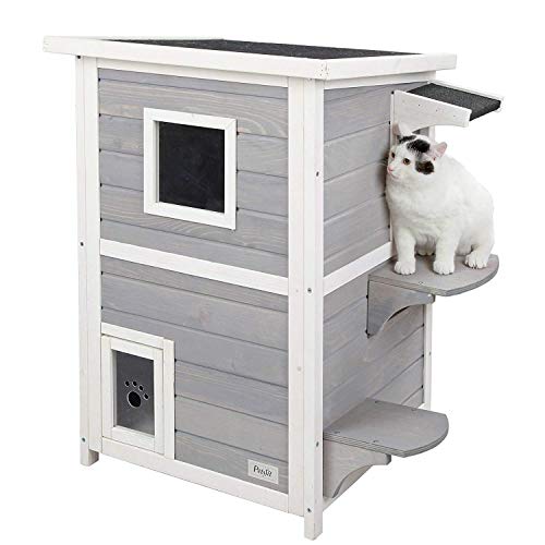 Petsfit Outdoor Cat House, 2 Story Outside Cat Shelter Condo Enclosure With Escape Door For Stray Feral Cats Weatherproof