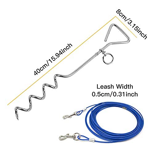 Clkhowl Dog Stake Tie Out Cable - 16/30' Anti Rust Reflective Stake For Medium Large Dogs Up To 125 Lbs, Dog Cable Runner And Metal Hooks For Yard, Camping, Or Outdoors (Blue, 16Ft)