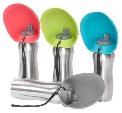 Messy Mutts Stainless Steel Travel Water Bottle With Silicone Flip Up Bowl | Pet Travel Necessity | Camping, Hiking, Walking Accessory | 24 Oz / 700Ml | Grey