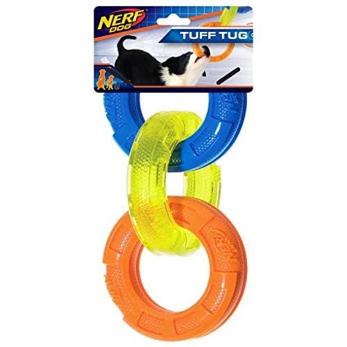 Nerf Dog 7.5In Rubber 3-Ring Tug Dog Toy, Lightweight, Durable And Water Resistant Dog Toy For Small Dogs, Single Unit, Blue/Green/Orange