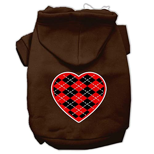 Pet Dog & Cat Hoodie Screen Printed, 'Red Argyle Heart' Brown Xs (0-3 Lbs.)