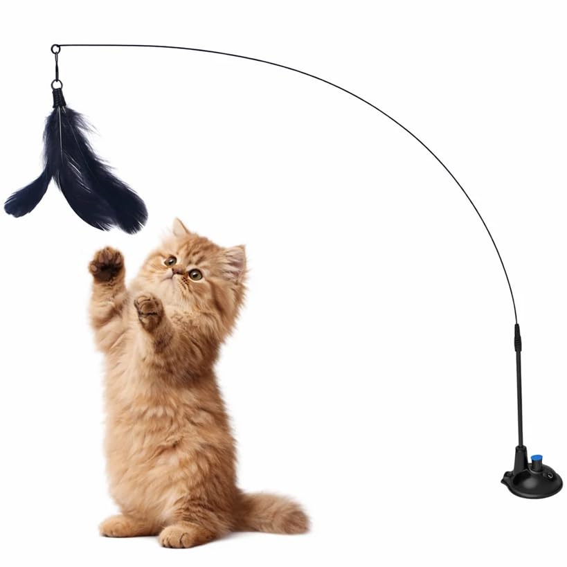 Kyrin Interactive Cat Toys For Persian Cat Wand Toy With Feather & Bell Suction Cup Teaser Cat Toys For Kitten  HandsFree Play
