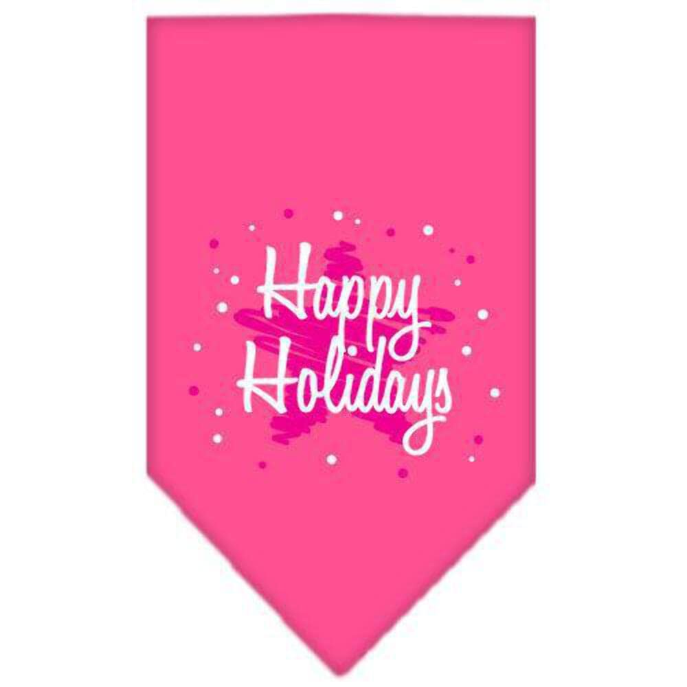 Christmas Pet and Dog Bandana Screen Printed, &quot;Scribble Happy Holidays&quot; Bright Pink Large