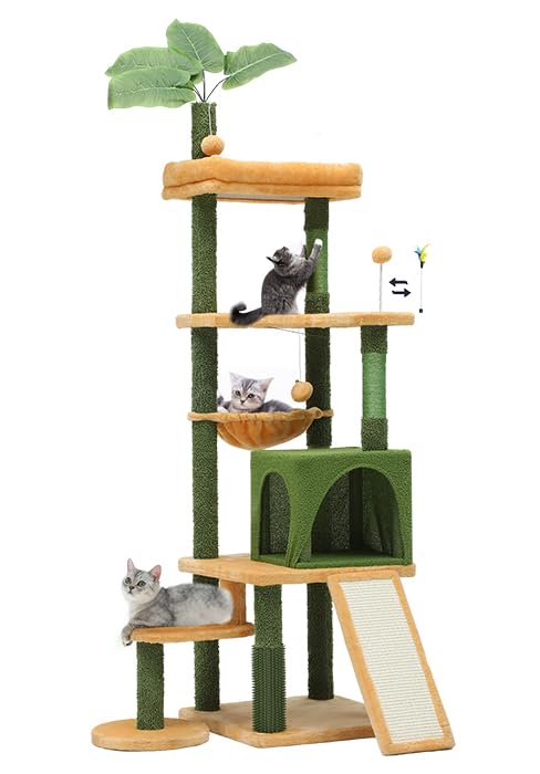 Yitahome Tall Cat Tree Tower With Leaves For Indoor Cats, 72.8In Cute Cat Climbing Tower With Self-Grooming Brush, Cat Condo, To
