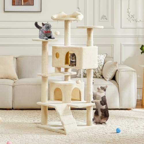 Dumos 54-Inch Indoor Cat Tree Tower -Multi-Level Pet House For Large Cats With 2 Condos, Scratching Posts, Round Platform, Small