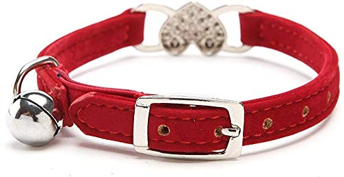 Chukchi Pink Soft Velvet Safe Cat Adjustable Collar With Crystal Heart Charm And Bells 8-11 Inches(Black+Red)