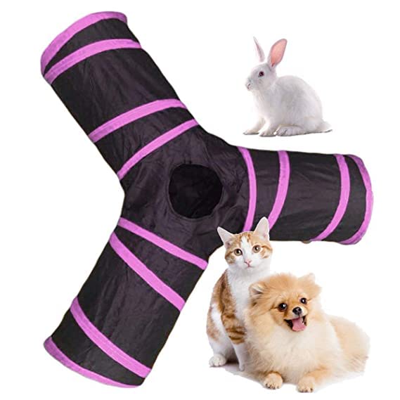 Dog Trust Cat Tunnel Toy 3 Way Collapsible For Indoor & Outdoor Play With Hanging Toy Ball For Cat, Rabbit, Guinea Pig (Pink)