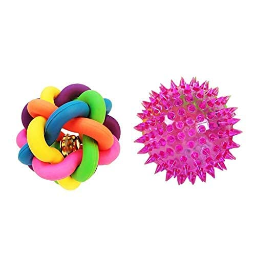 Woofy One Cat Chew Knot, Woven Braided Rainbow Ball With Jingle Bell + One Led Squeaky Ball Toy For Dogs, Cats And Puppies (Comb
