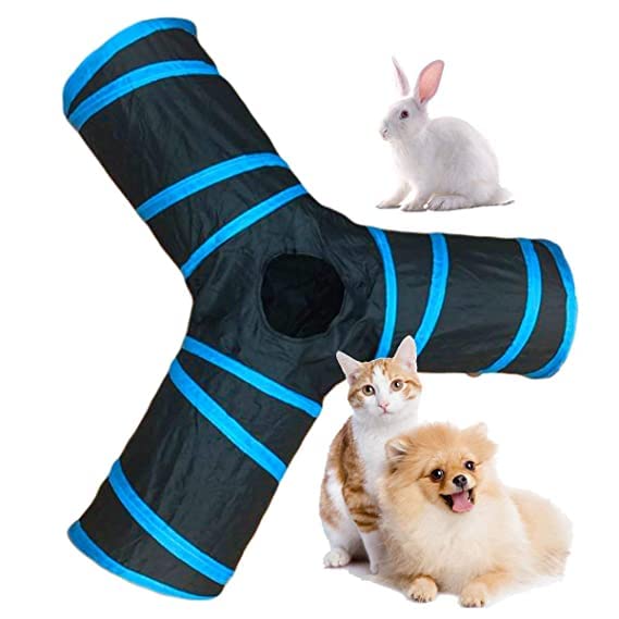 Dog Trust Joyful Cat Tunnel Toy 3 Way Collapsible For Indoor & Outdoor Play With Hanging Toy Ball For Cat, Rabbit, Guinea Pig (B