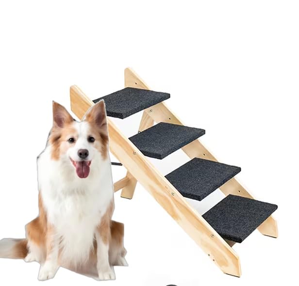 Chicfurnit Wooden Dog Stairs, 4-Level Wooden Pet Steps, Foldable Pet Ladder For High Bed Couch Cars, Non-Slip Pet Stairs For Sma