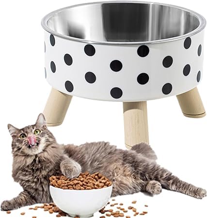 Blurism Pet Food Bowl For Dog And Cat, Black And White Dots Checkerboard Stainless Steel Elevated Pet Bowl Cat Bowl  White