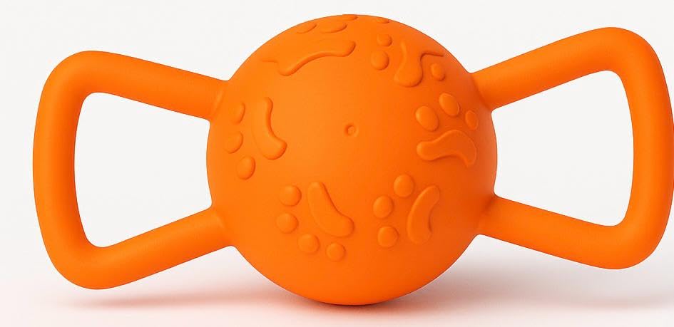 WAGGYTAILS Durable Dog Chew & Tug Toy with Handles (Made in U.S.A) Interactive Squeaky Training Ball with Paw Prints  Tough Rub