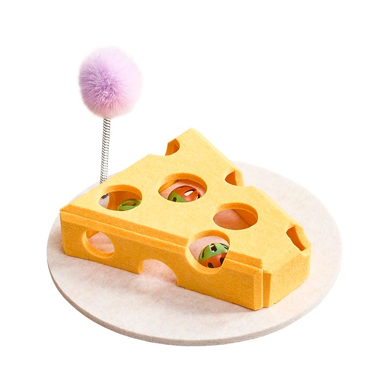 BZDBZD Interactive Cat Puzzle Feeder - Felt Cheese Cat Scratch Box-Nail File Maze, Jingle Balls & Spring Teaser | Slow Feeding &