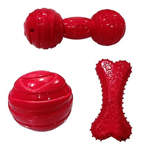 Dog Trust Dog Rubber Chew Toy Combo (Red Bone + Ball + Red Dumbell)  Color May Vary
