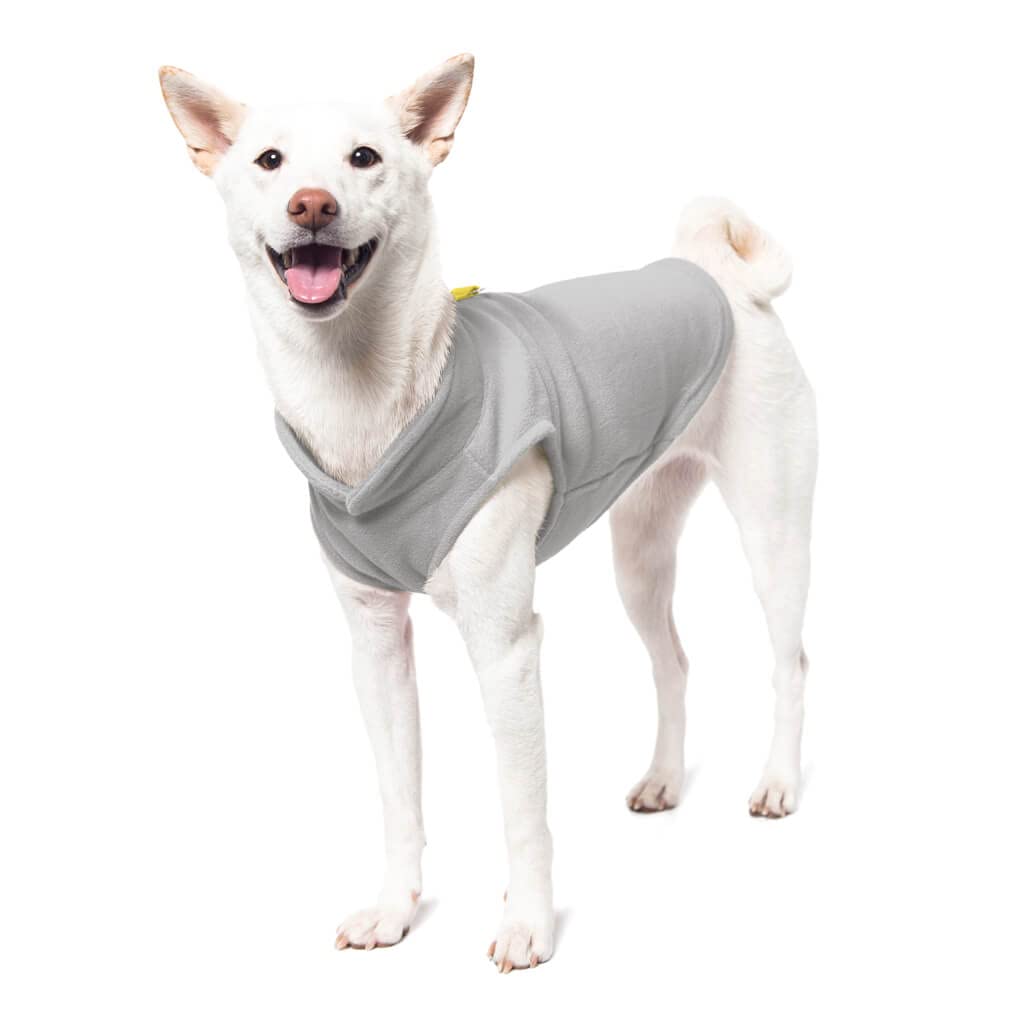 Gooby Fleece Vest Dog Sweater - Gray-Yellow, Medium (Around 11-Lb), Warm Pullover, Dog Jacket With O-Ring Leash - Winter Small D