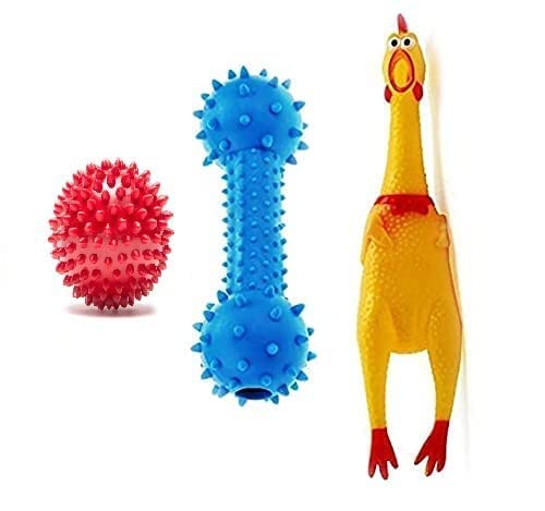 Psk Pet Mart Dog Pet Rubber Chew Toys For Dogs And Puppies  Large Spike Ball Toy, Silicon Dumbbell, (M) Squeaky Chicken Toy (Pa
