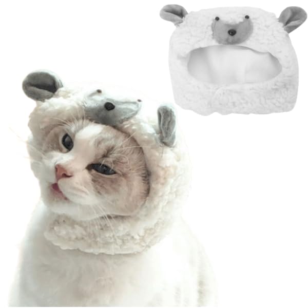 POPETPOP Soft Cotton Cat Lamb Hat: Adjustable Cute Sheep Hat for Small Dogs and Cats - Plush Pet Costume for Halloween, Christma