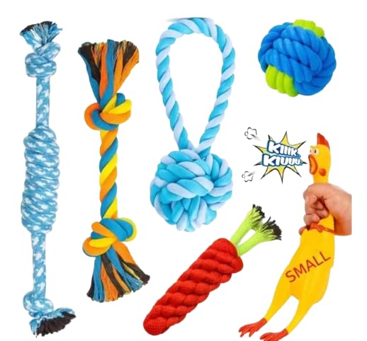 XAVTRA 6 Pack Dog Toy Combo Set for Puppies and Small Dogs Rope Chew Squeaky Chicken Carrot Ball Teething Toys Durable Interacti