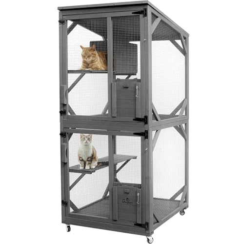 Geguri Cat Catio Outdoor, Large Wooden Cat Enclosures On Wheels, Indoor Kitty Patio With Upgraded Resting Box, Waterproof Roof