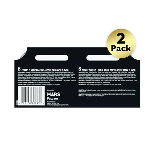 Cesar Wet Dog Food Classic Loaf in Sauce Filet Mignon and Porterhouse Steak Flavors Variety Pack, 3.5 oz. Easy Peel Trays (12 Co