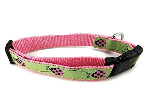 Ladybug Dog Collar, Caninedesign, Green, Pink, 1 Inch Wide, Adjustable, Nylon, Medium And Large (Small 9-13)