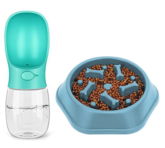 Rvpaws Slow Feeder Dog Bowl And Walking Water Bottle For Dogs And Puppies (Color May Vary) Pack Of 1 Pcs Slow Feeder + 1 Pcs Pus