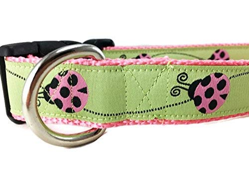 Ladybug Dog Collar, Caninedesign, Green, Pink, 1 Inch Wide, Adjustable, Nylon, Medium And Large (Medium 13-19'')