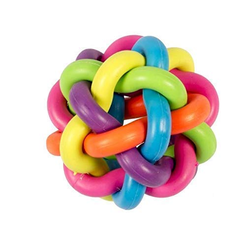 Woofy Cat Chew Knot Ball Woven Braided Rainbow Bouncy Rubber Toy With Jingle Bell Inside For Pet Training And Teeth Cleaning (Mu