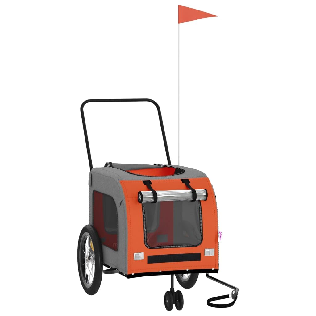 vidaXL Pet Bike Trailer - Orange/Gray, Oxford Fabric & Iron Frame, Maximum Load 99.2 lb, Safe Travel Reflectors & Flag, Mesh Windows, Zipper Access