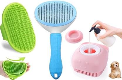 Petjoy Dog Grooming Kit  3In1 Pet Grooming Combo With SelfCleaning Slicker Brush, Silicone Bath Brush & Shampoo Dispenser | 