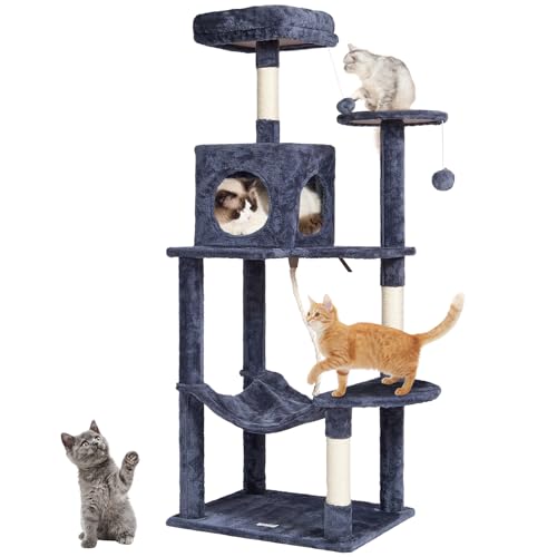 VEVOR Cat Tree 56.2 Cat Tower with Cat Condo Sisal Scratching Post Dark Grey