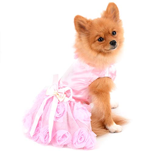 Paideful Pet Dress For Small Dog Girls Luxury Puppy Wedding Dress Rose Flower Lace Tutu Skirt Silky Bow Birthday Party Dog Clothes,Pink,Size Xs