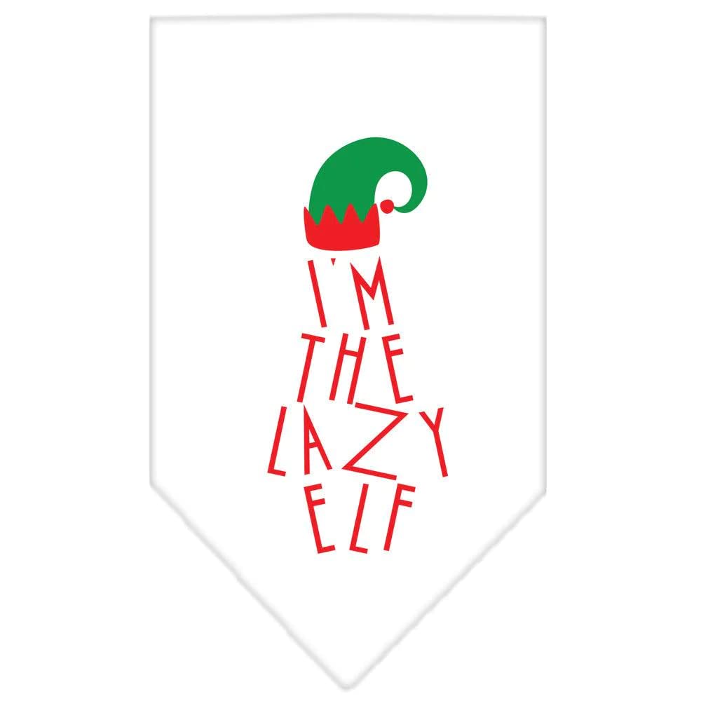 Christmas Pet and Dog Bandana Screen Printed, "I'm The Lazy Elf" White Small