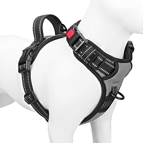 Phoepet No Pull Dog Harness Medium Reflective Front Clip Vest With Handle,Adjustable 2 Metal Rings 3 Buckles,[Easy To Put On & Take Off](M, Grey)