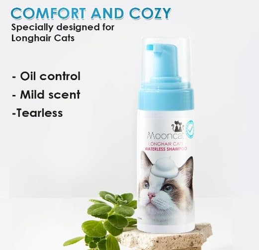 Mooncat Waterless Cat Shampoo, Licking Safe Dry Shampoo For Longhair Cats, No Rinse Foam Cat Bath, Paraben Free, Detangling, Ph
