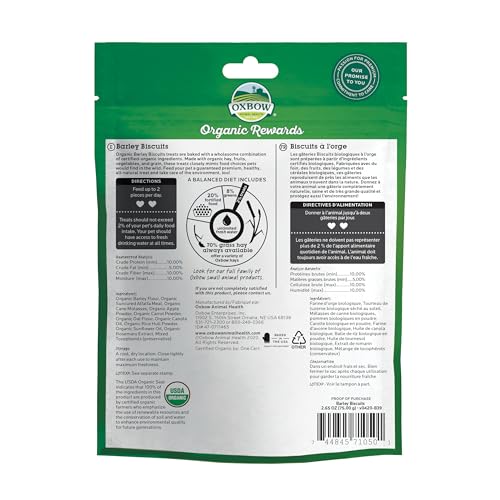 Oxbow Organic Barley Biscuits, Rabbit & Guinea Pig Treats, Organic Hamster & Bunny Treats with Barley, Apple & Carrot, Made in U